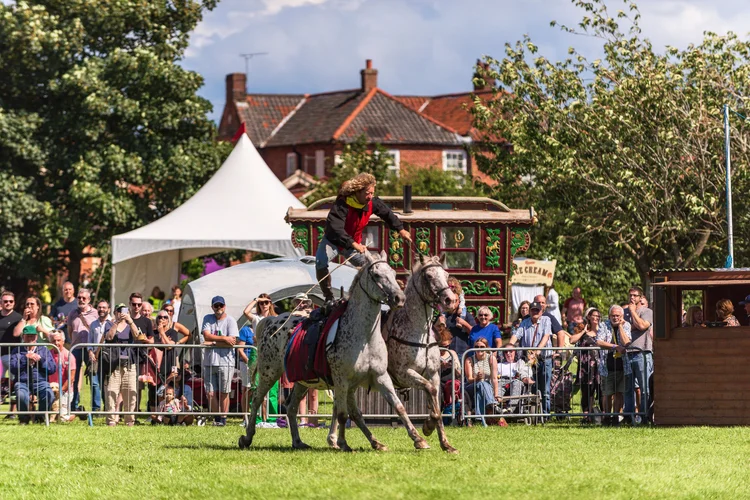Horse rider riding two horses simultaneously and standing up